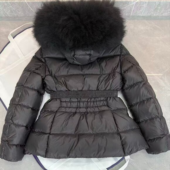 Moncler Black Down Coat - Plush Fur Hood, Waist Belt, Stylish Winter Outerwear - Picture 2 of 8